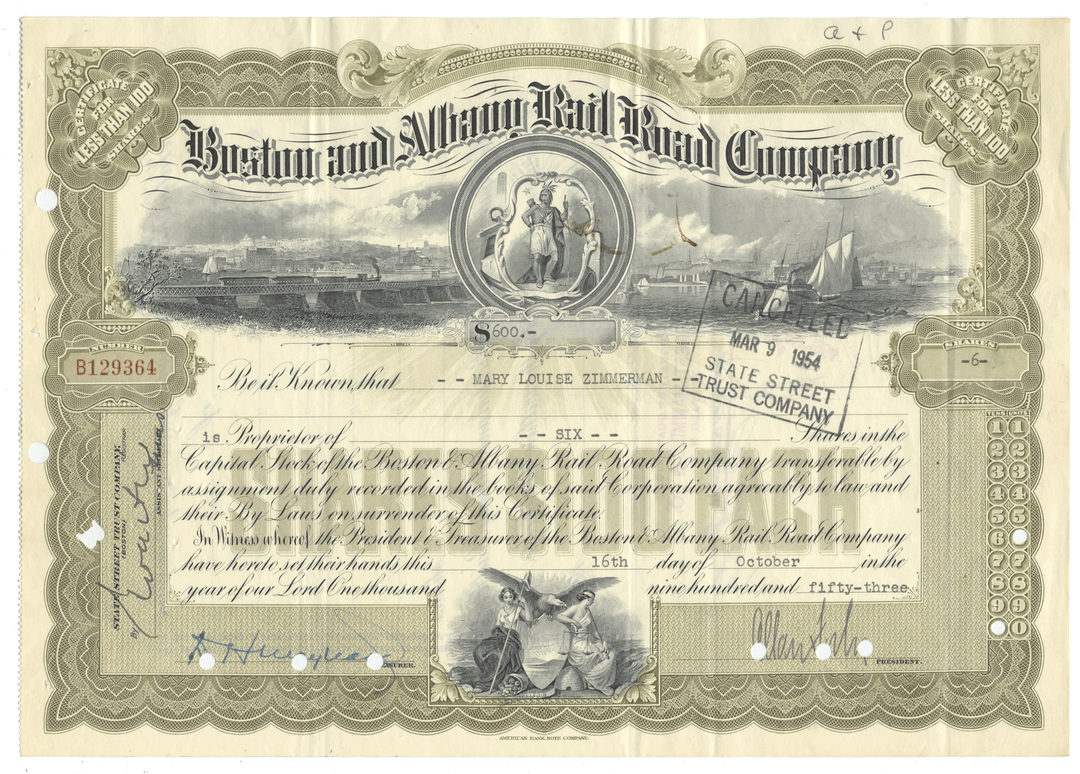 Historical stock certificate of the Boston and Albany Railroad Company with decorative elements and text from 1953