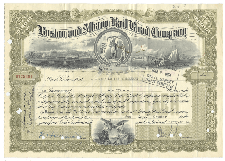 Historical stock certificate of the Boston and Albany Railroad Company with decorative elements and text from 1953