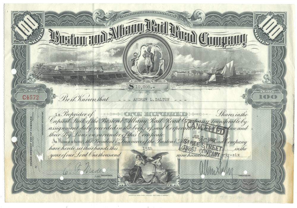 Vintage stock certificate of the Boston and Albany Railroad Company with scenic illustrations and text from 1946