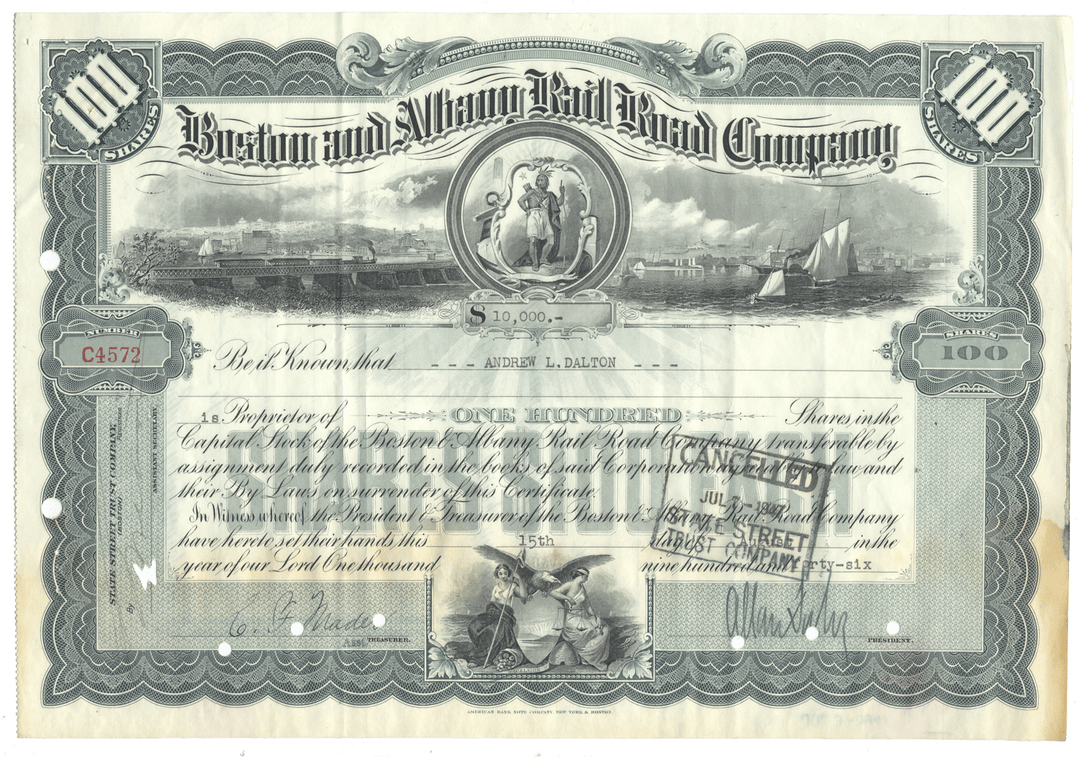 Vintage stock certificate of the Boston and Albany Railroad Company with scenic illustrations and text from 1946