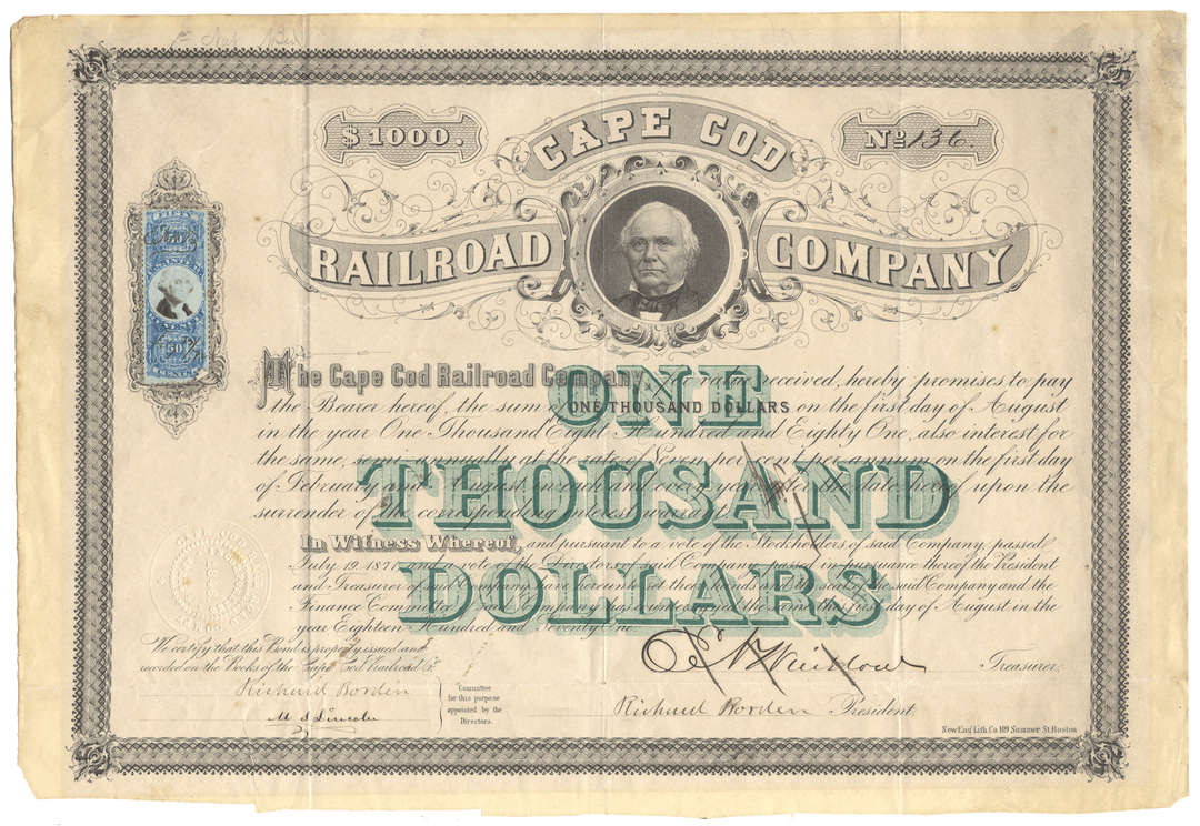 Cape Cod Railroad Company stock certificate from 1870s