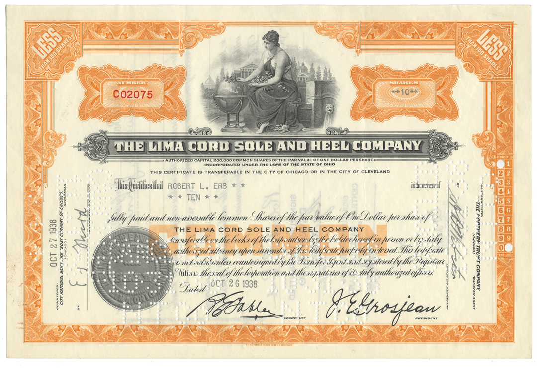 Vintage stock certificate of the Lima Cord Sole and Heel Company with decorative elements