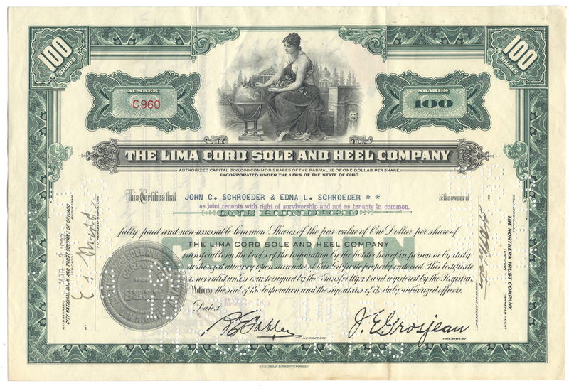 Lima Cord Sole and Heel Company Stock Certificate
