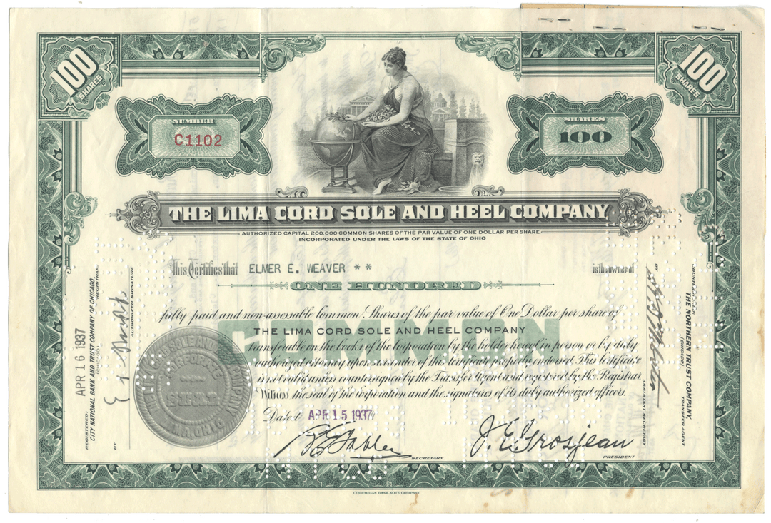 Lima Cord Sole and Heel Company Stock Certificate