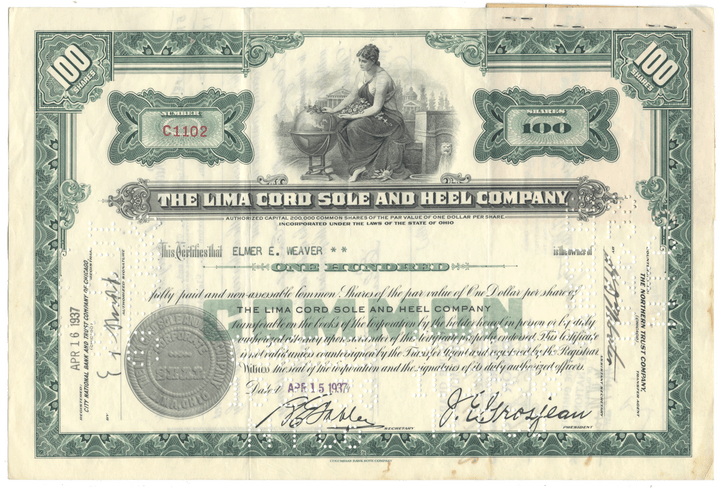 Lima Cord Sole and Heel Company Stock Certificate