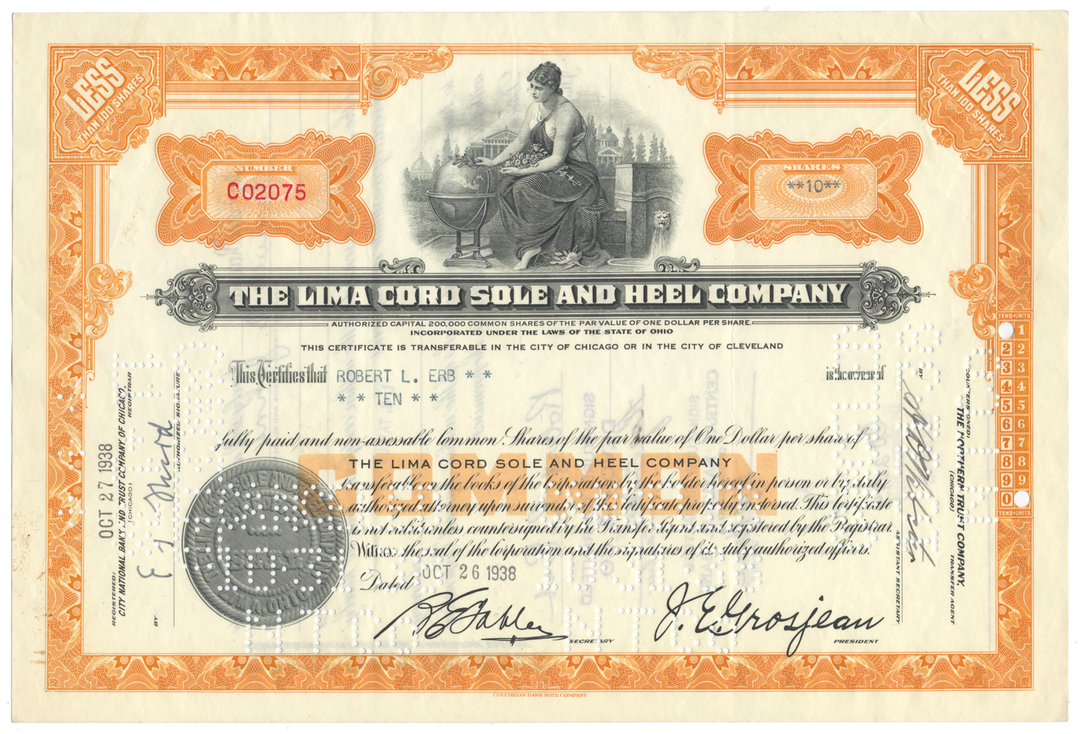 Lima Cord Sole and Heel Company Stock Certificate