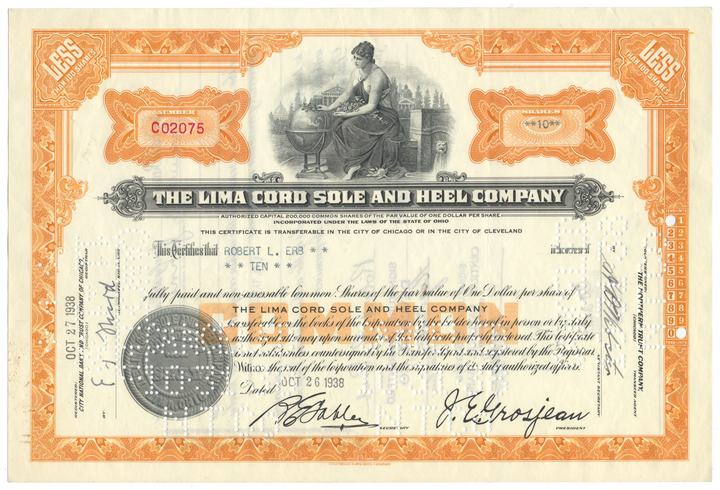 Lima Cord Sole and Heel Company Stock Certificate