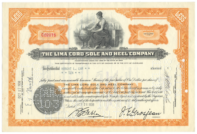 Lima Cord Sole and Heel Company Stock Certificate