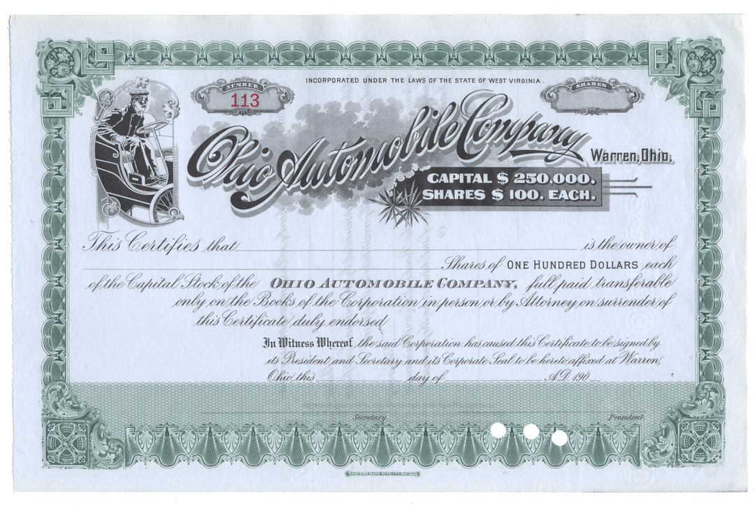 Vintage stock certificate from the Ohio Automobile Company with decorative elements.