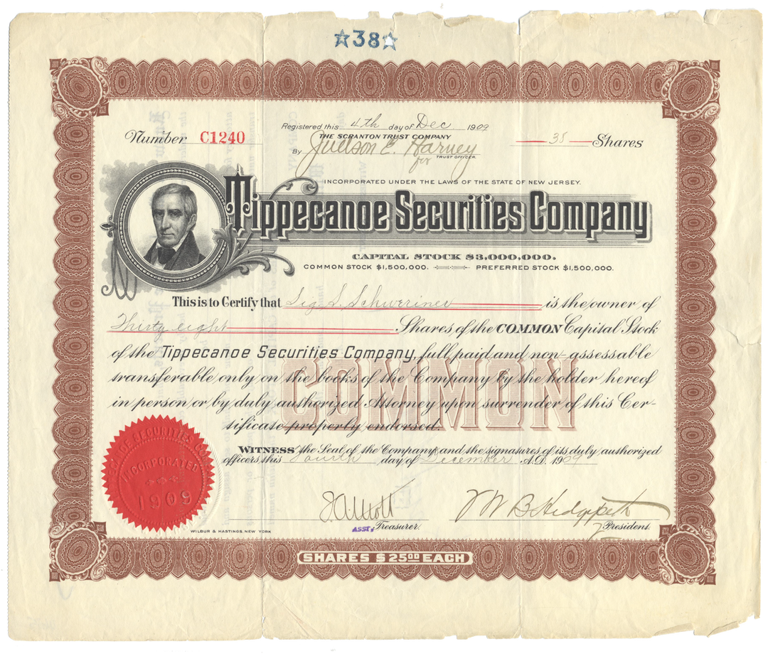 Tippecanoe Securities Company Stock Certificate