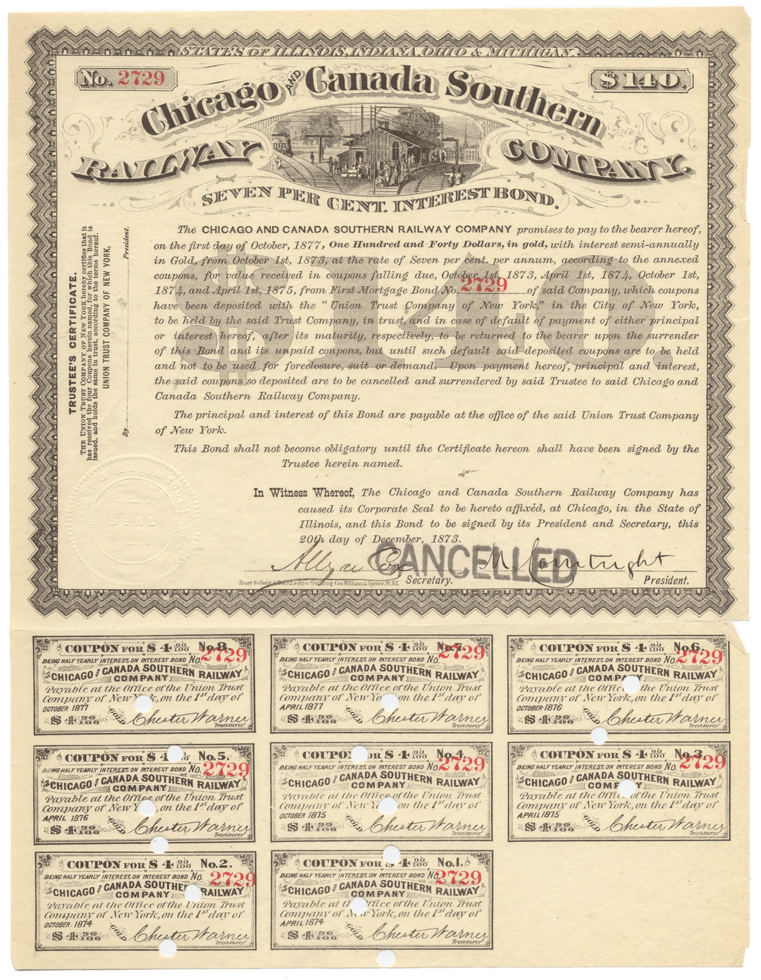 Chicago and Canada Southern Railway Company Bond Certificate
