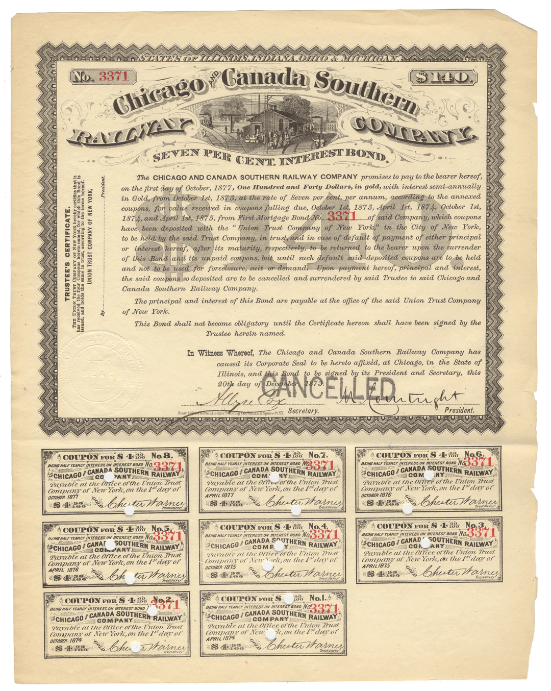 Vintage bond certificate from the Chicago and Canada Southern Railway Company with text and coupons from 1873