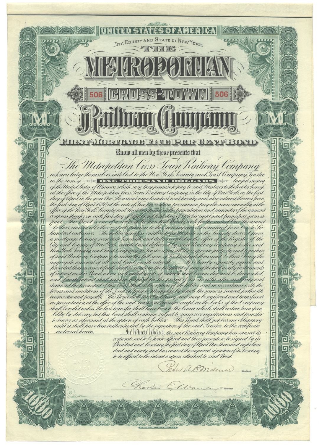 Metropolitan Cross-Town Railway Company Bond Certificate Signed by Peter AB Widener