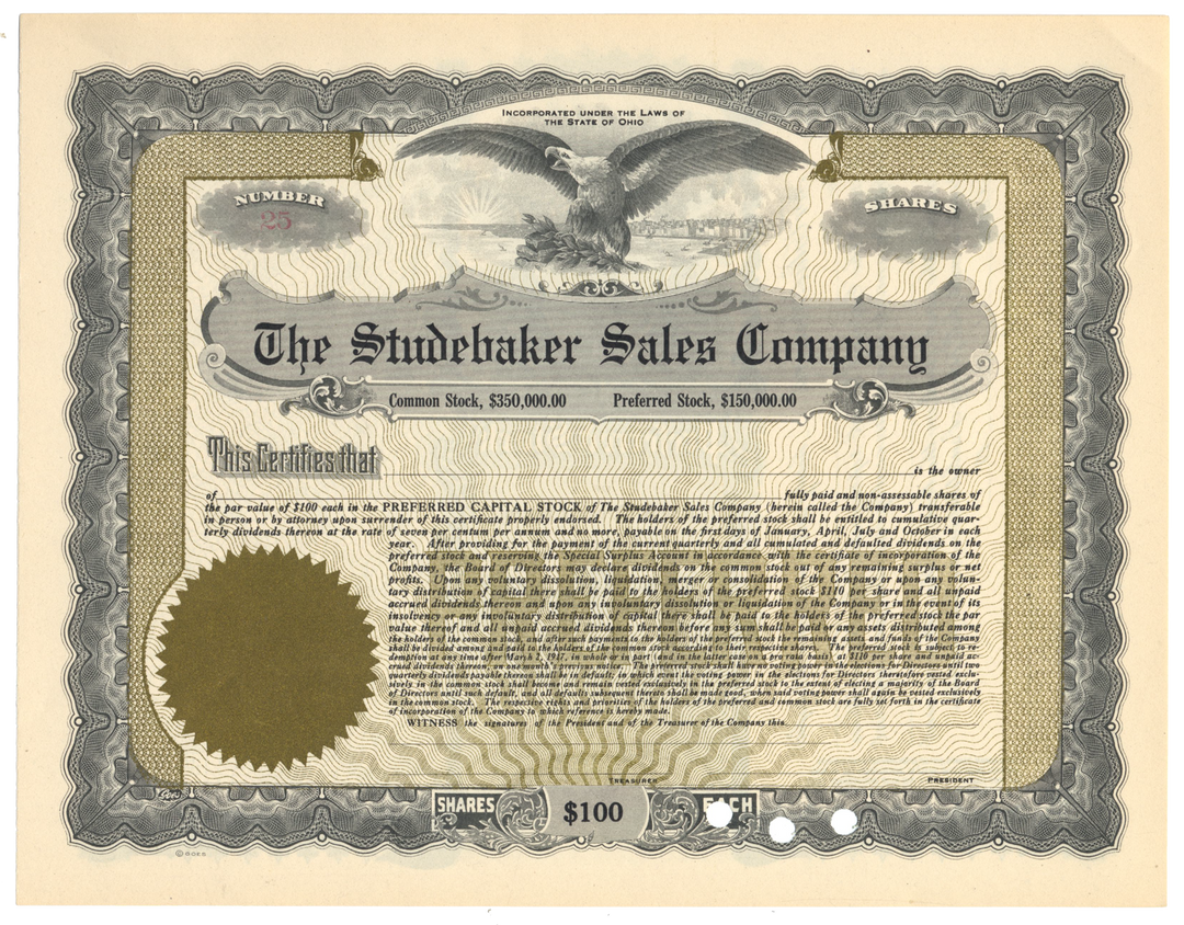 Studebaker Sales Company Stock Certificate