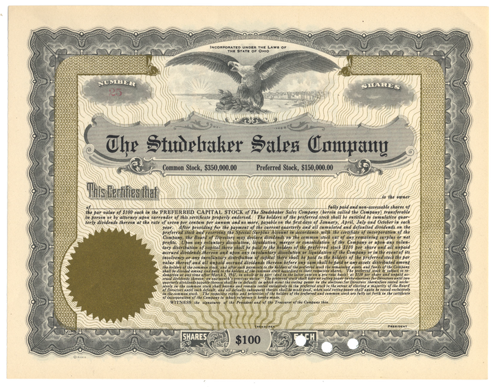 Studebaker Sales Company Stock Certificate