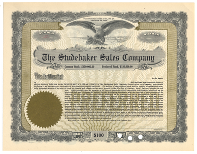 Studebaker Sales Company Stock Certificate