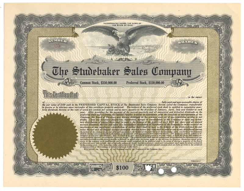 Studebaker Sales Company Stock Certificate