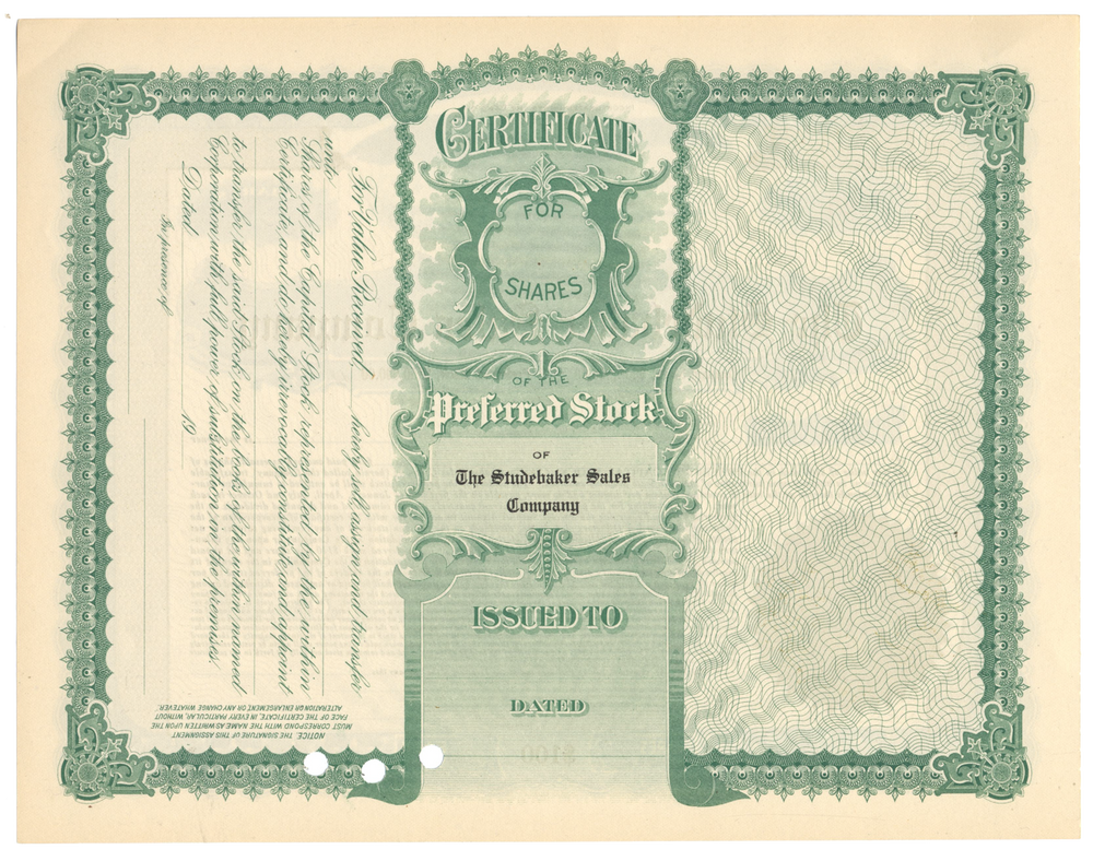 Studebaker Sales Company Stock Certificate