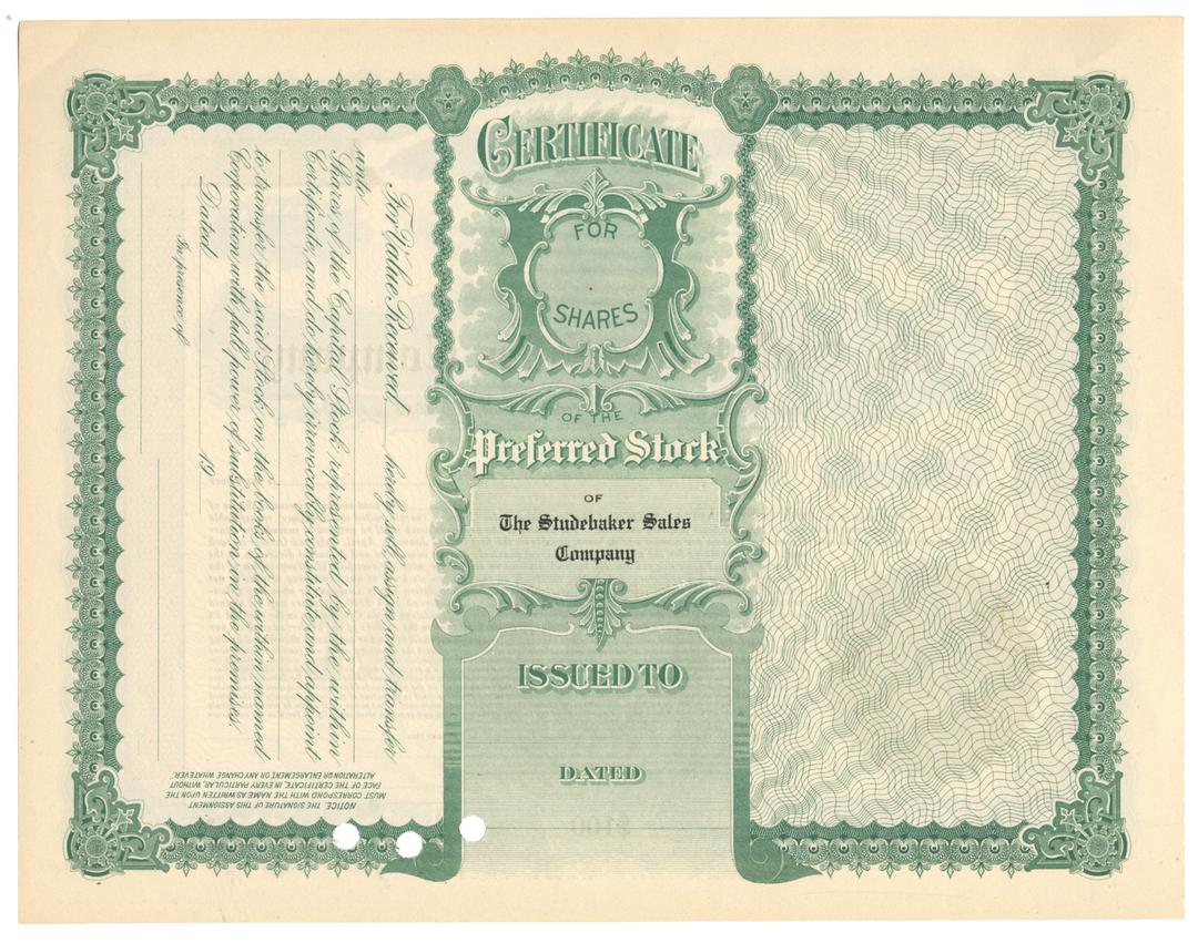 Studebaker Sales Company Stock Certificate