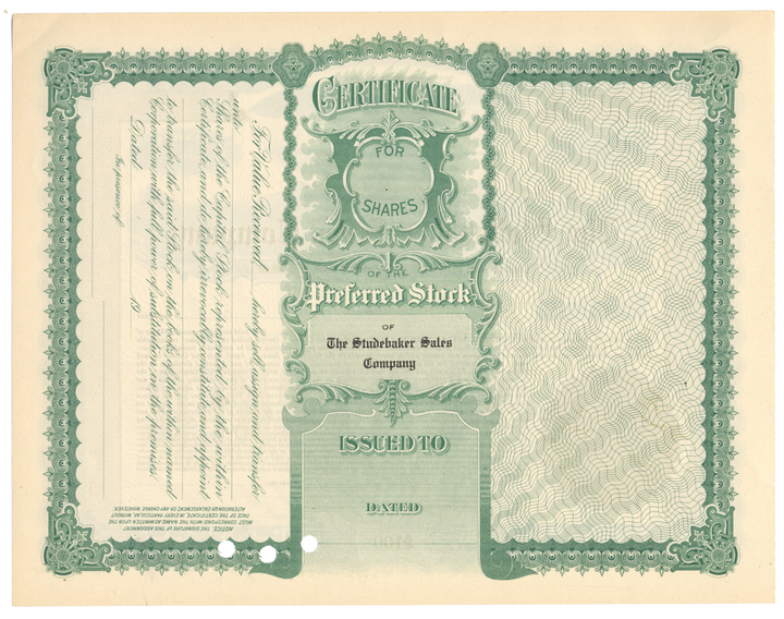 Studebaker Sales Company Stock Certificate