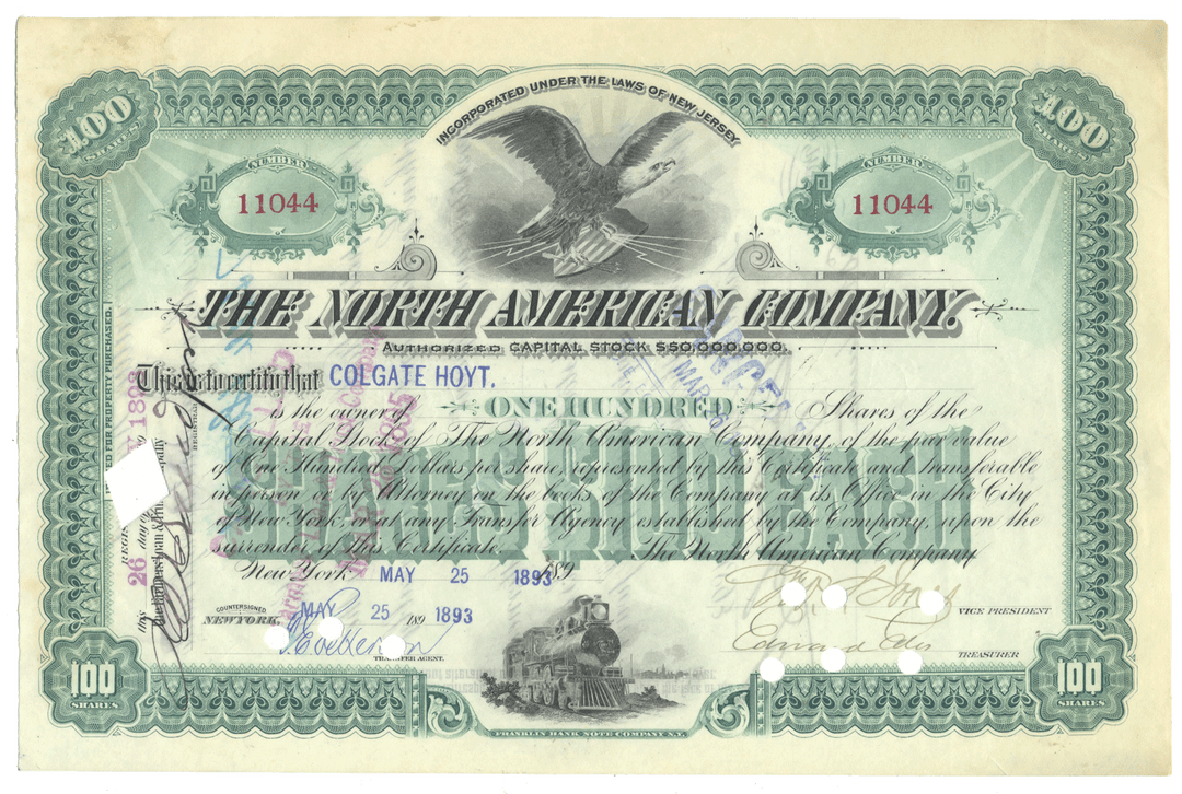 Vintage stock certificate from The North American Company with an eagle emblem.
