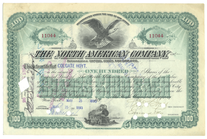 Vintage stock certificate from The North American Company with an eagle emblem.