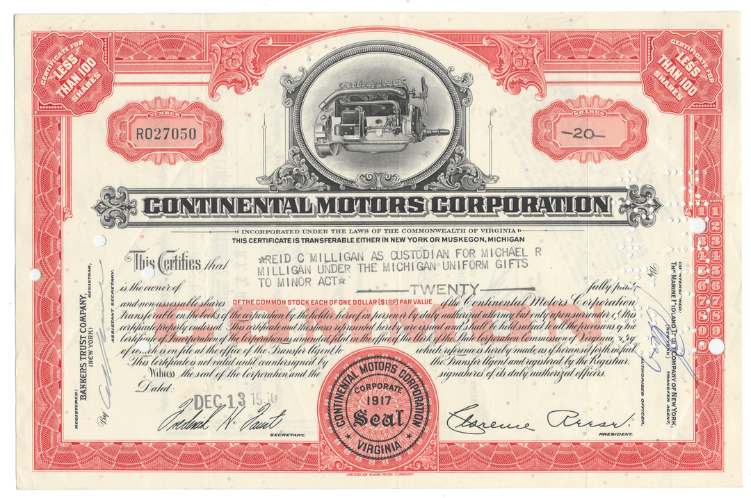 Vintage stock certificate of Continental Motors Corporation with red and white design.