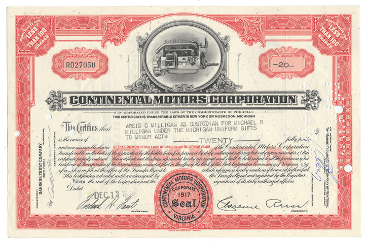 Vintage stock certificate of Continental Motors Corporation with red and white design.