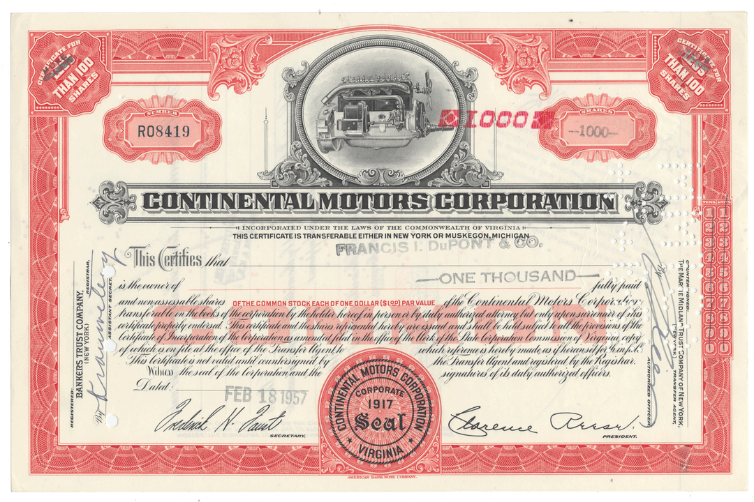 Vintage stock certificate of Continental Motors Corporation from 1957