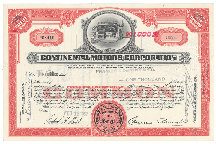 Vintage stock certificate of Continental Motors Corporation from 1957