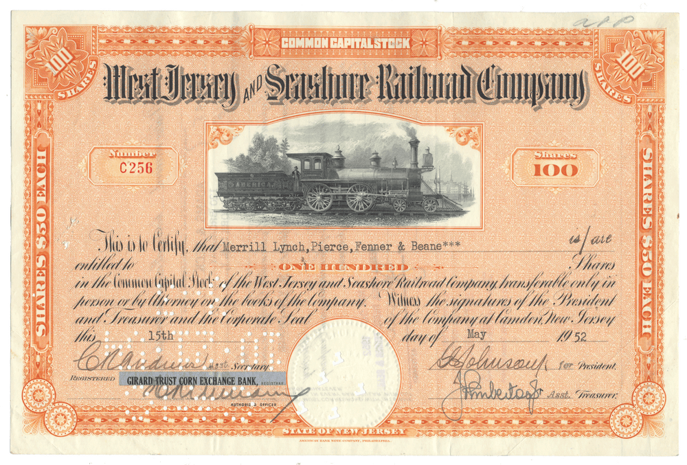 Vintage stock certificate of the West Jersey and Seashore Railroad Company with a steam locomotive illustration.