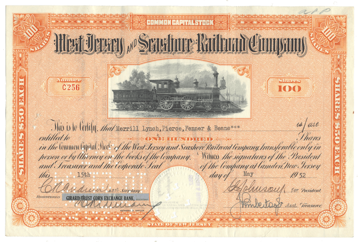 Vintage stock certificate of the West Jersey and Seashore Railroad Company with a steam locomotive illustration.