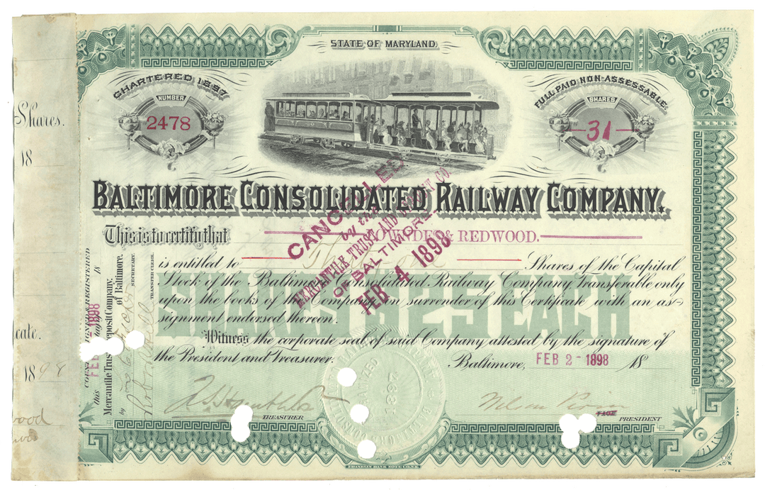 Historical stock certificate of the Baltimore Consolidated Railway Company with a tram illustration.