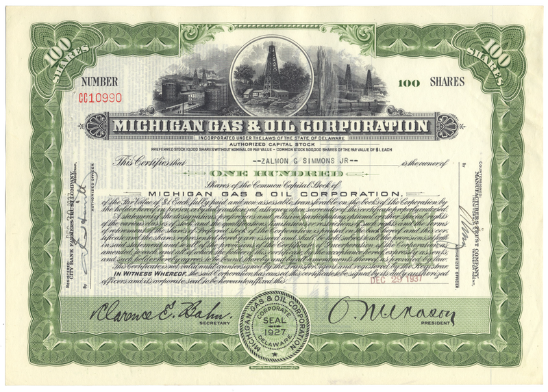 Michigan Gas & Oil Corporation Stock Certificate
