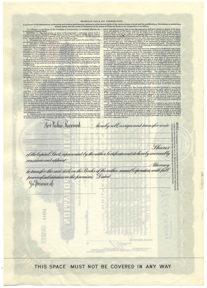 Michigan Gas & Oil Corporation Stock Certificate