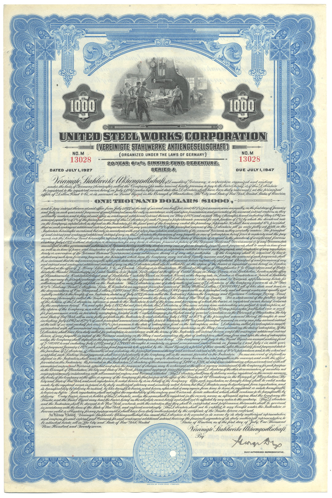 A vintage United Steel Works Corporation bond certificate from 1927