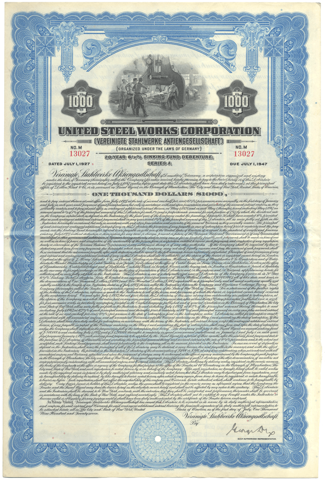 United Steel Works Corporation bond certificate with decorative elements