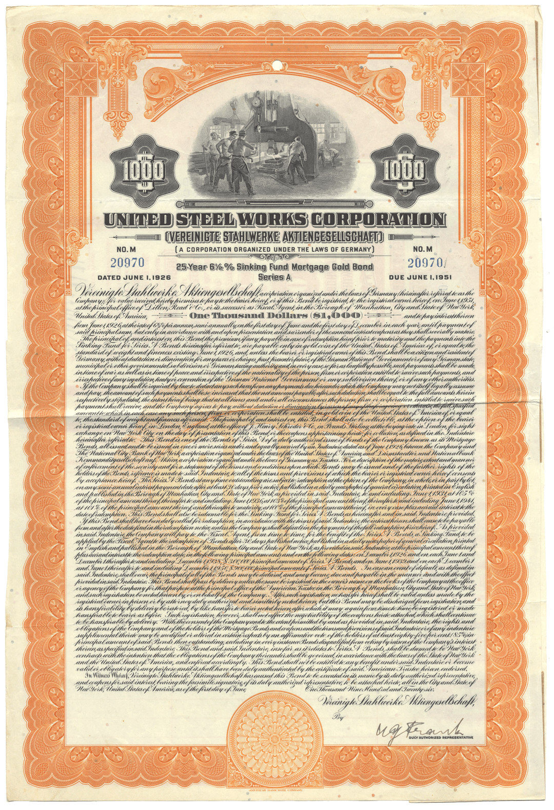 United Steel Works Corporation bond certificate with decorative border and text.