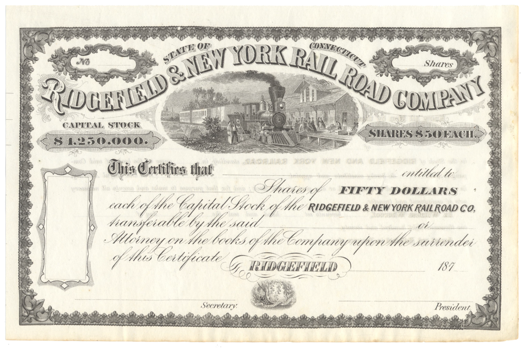 Ridgefield & New York Rail Road Company Stock Certificate