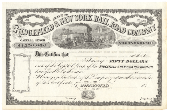 Ridgefield & New York Rail Road Company Stock Certificate