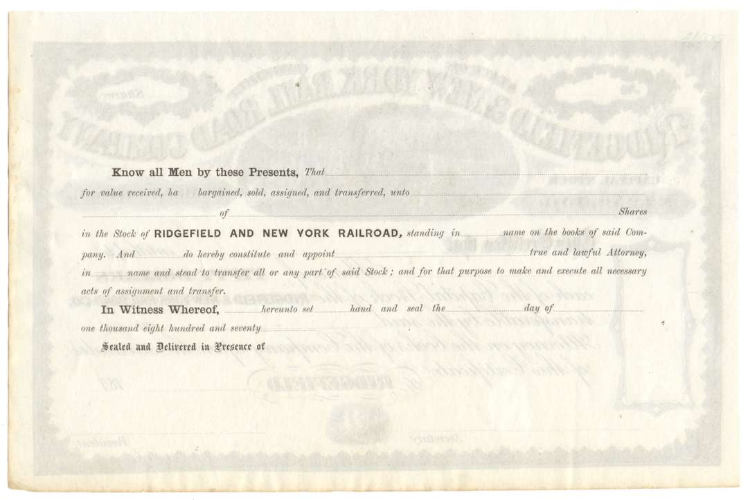 Ridgefield & New York Rail Road Company Stock Certificate