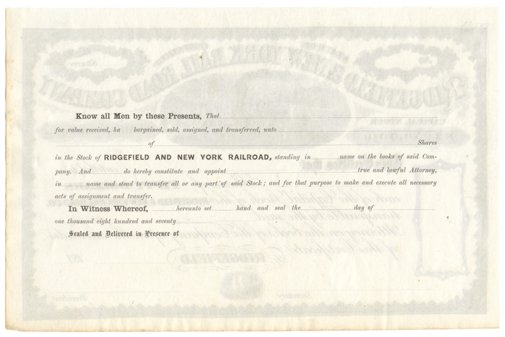 Ridgefield & New York Rail Road Company Stock Certificate