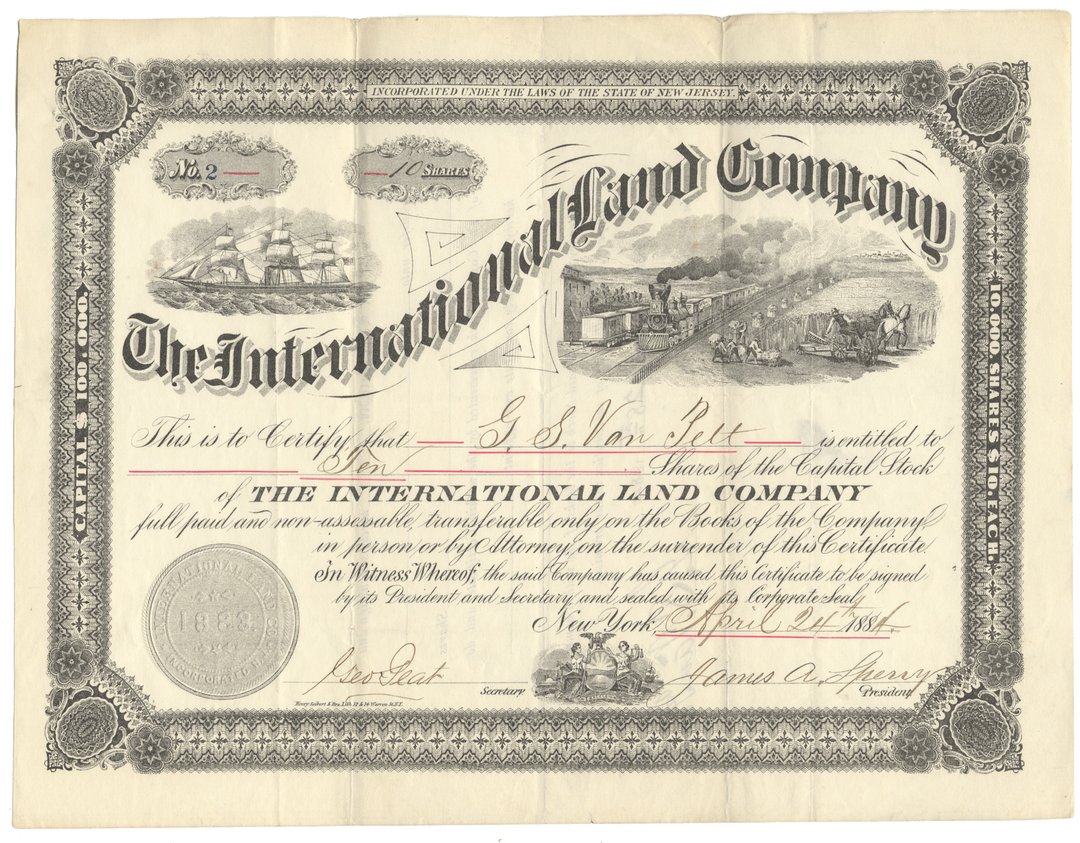 Certificate of The International Land Company with decorative border and illustrations.