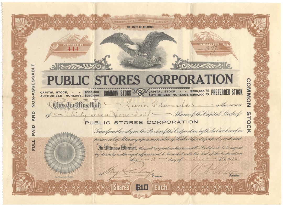 Vintage stock certificate of Public Stores Corporation with an eagle emblem.
