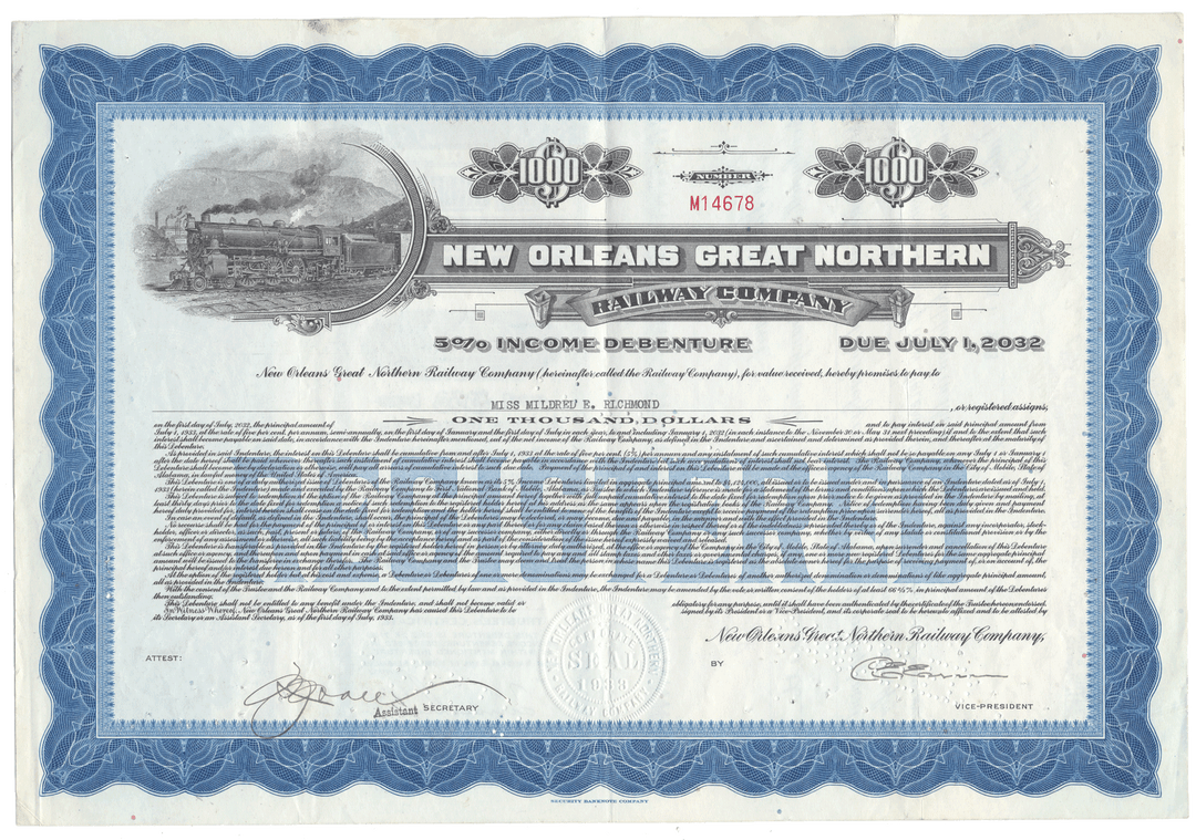 New Orleans Great Northern Railway Company bond certificate with blue border and text.