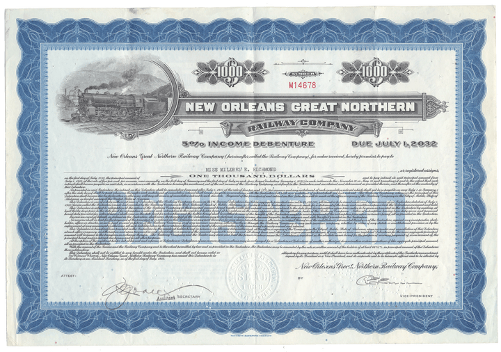 New Orleans Great Northern Railway Company bond certificate with blue border and text.