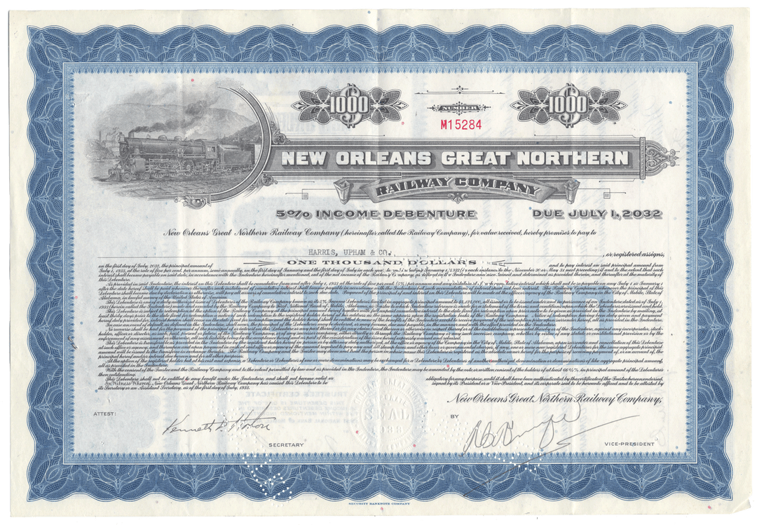 New Orleans Great Northern Railway Company bond certificate from 1933