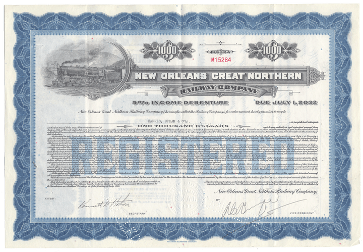 New Orleans Great Northern Railway Company bond certificate from 1933