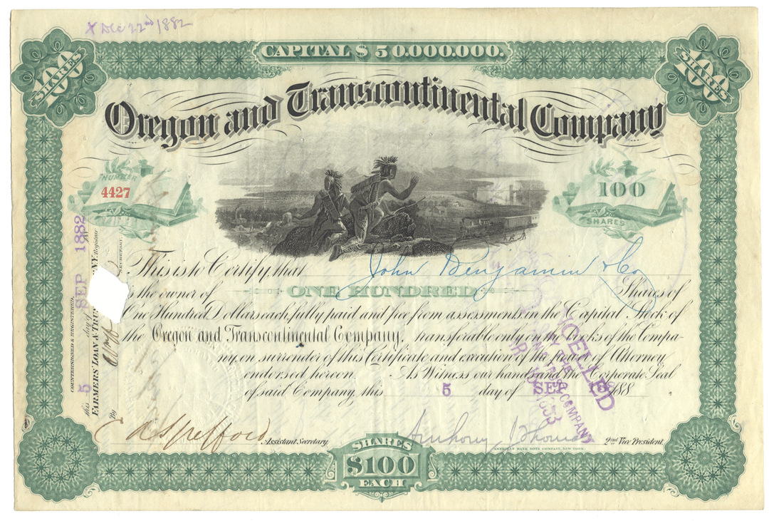 Vintage stock certificate for the Oregon and Transcontinental Company with green border and text.