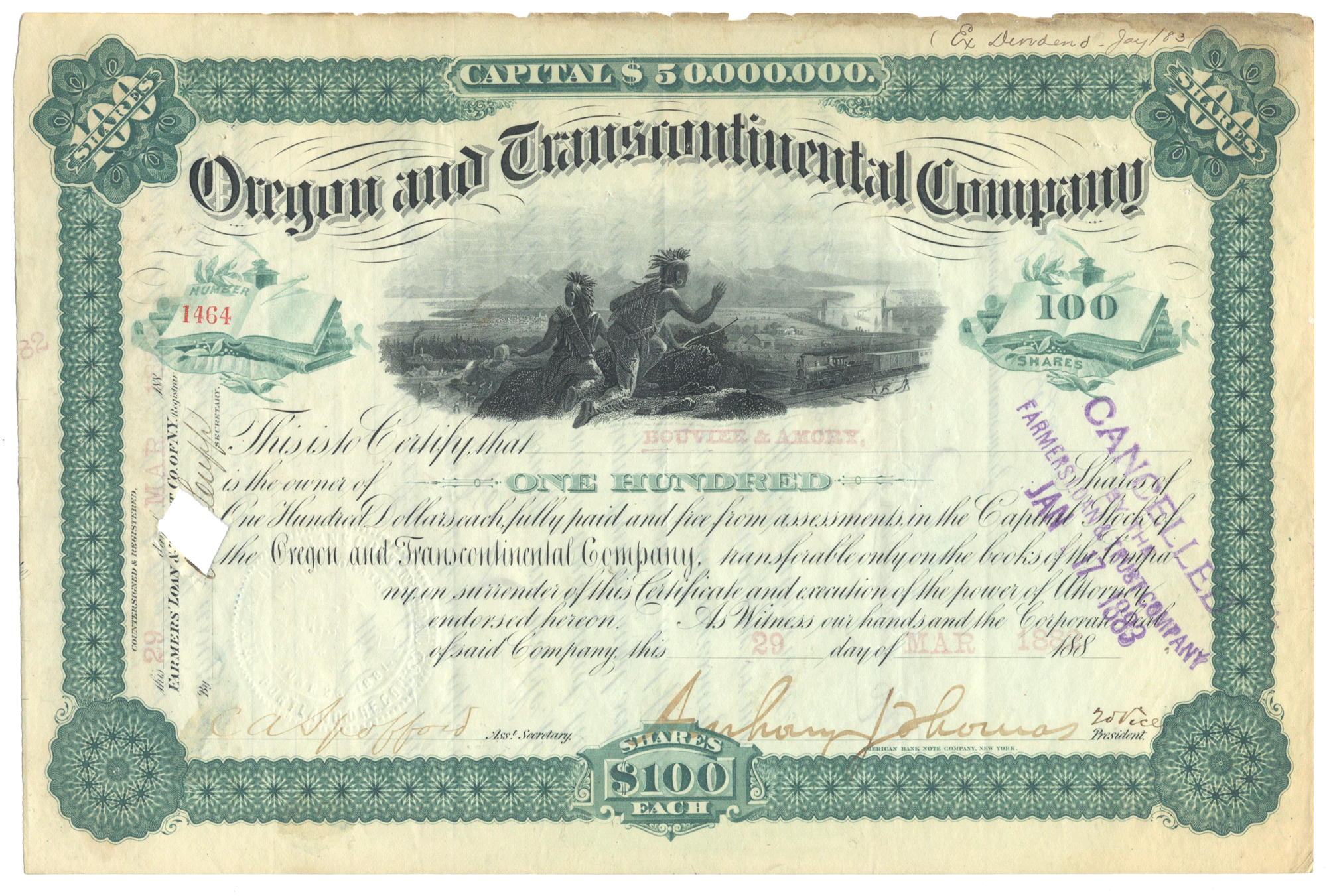 Vintage stock certificate for the Oregon and Transcontinental Company with decorative elements and text.